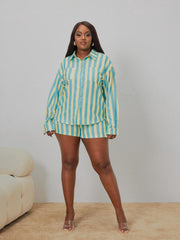  Stripe Print Button Up Blouse & Shorts Outfits 2 Piece Set