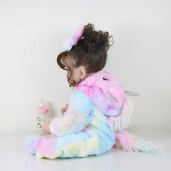 55 Rainbow Unicorn Doll w/ Soft Silicone Body & Brown Hair