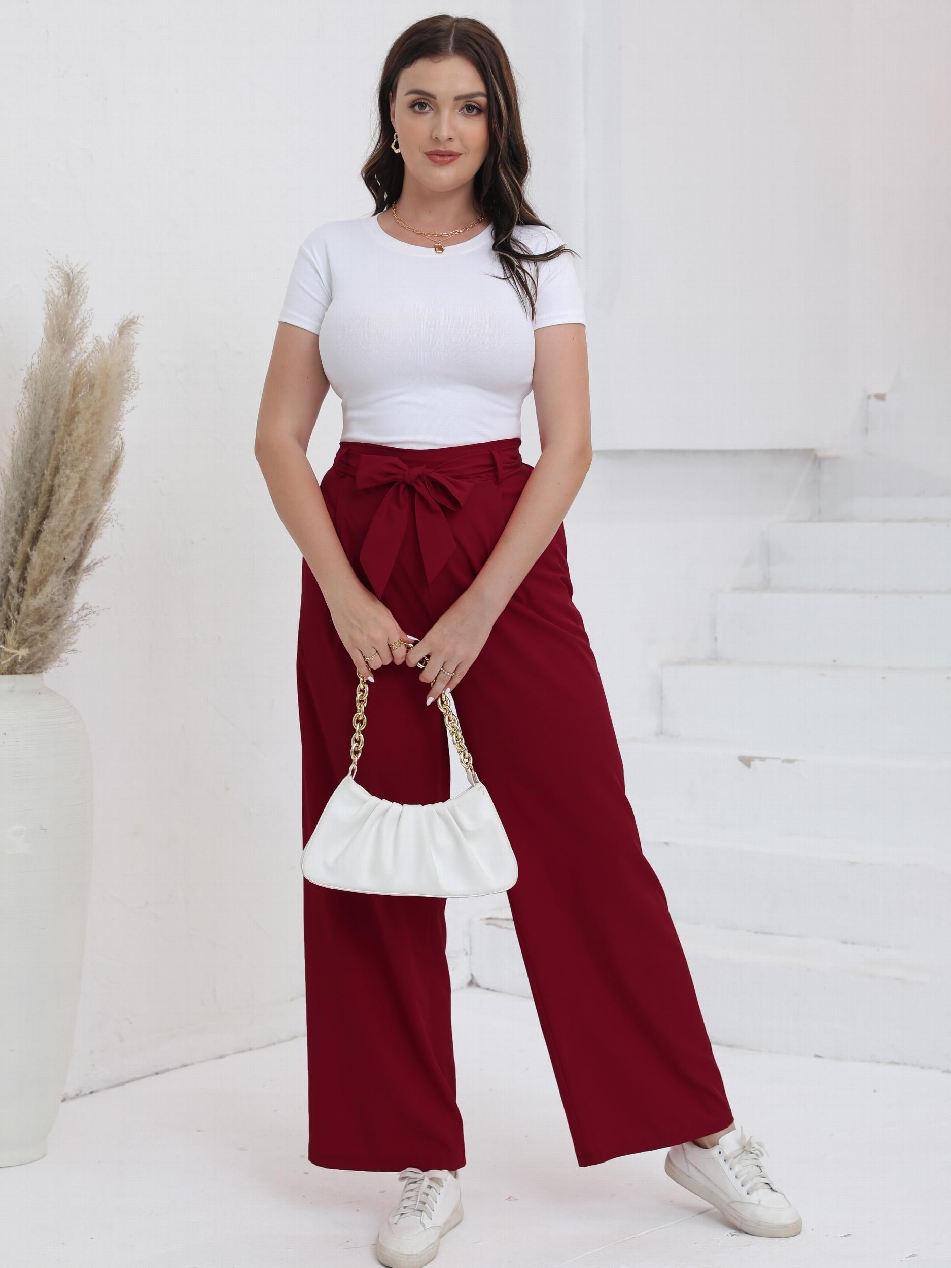  Solid High Rise Wide Leg Trousers With Belt