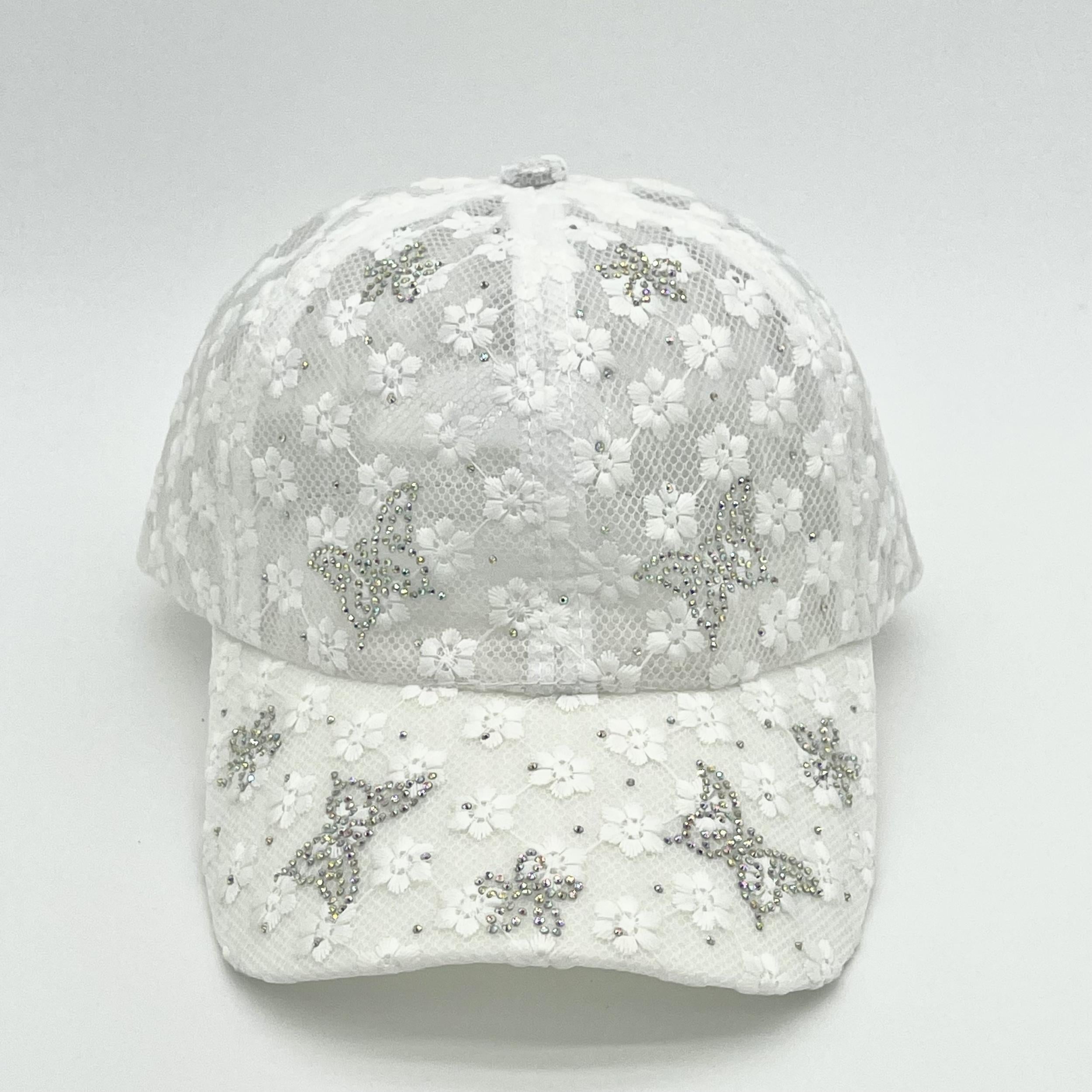 Rhinestone Butterfly Decor Baseball Cap Lace Embroidery Hollow Out Dad Hat