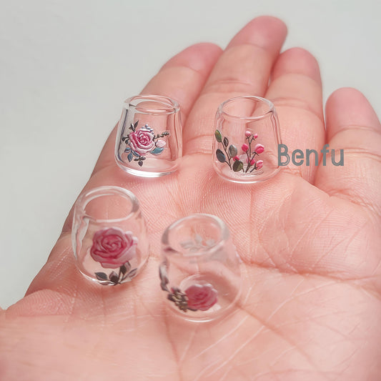 4pcs Glass Cups with Floral Patterns for Dollhouse Kitchen