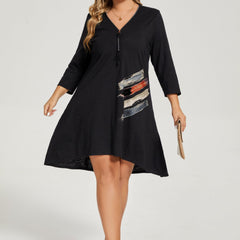 Plus Size Brush Print Zipper V Neck Dress