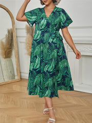  Tropical Print Flutter Sleeve Surplice Neck Dress