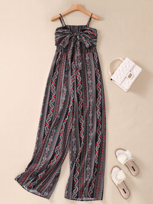 Paisley Print Tie Front Cami Jumpsuit Boho Wide Leg Backless Jumpsuit