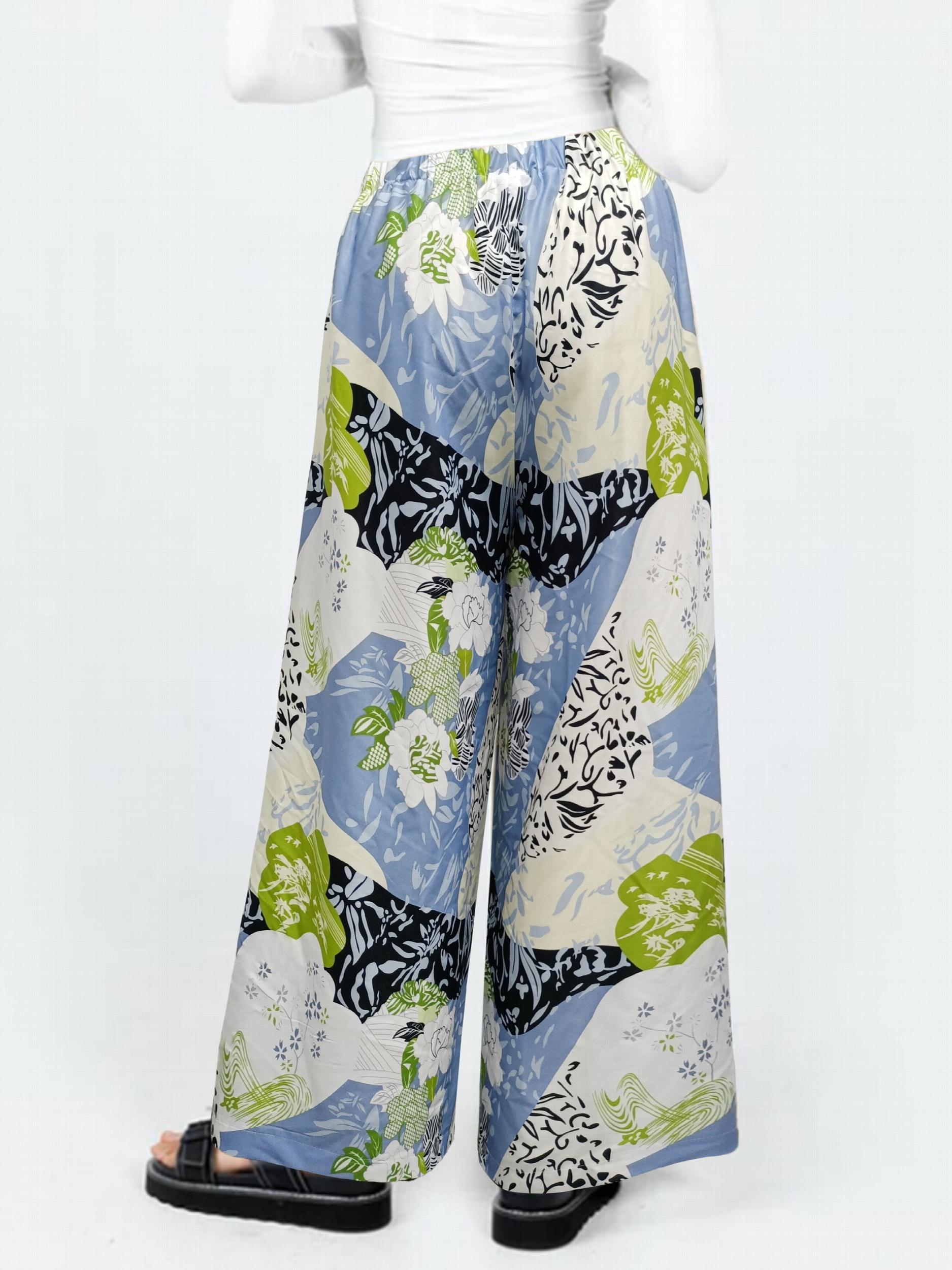  Colorblock Floral Print Wide Leg Trousers