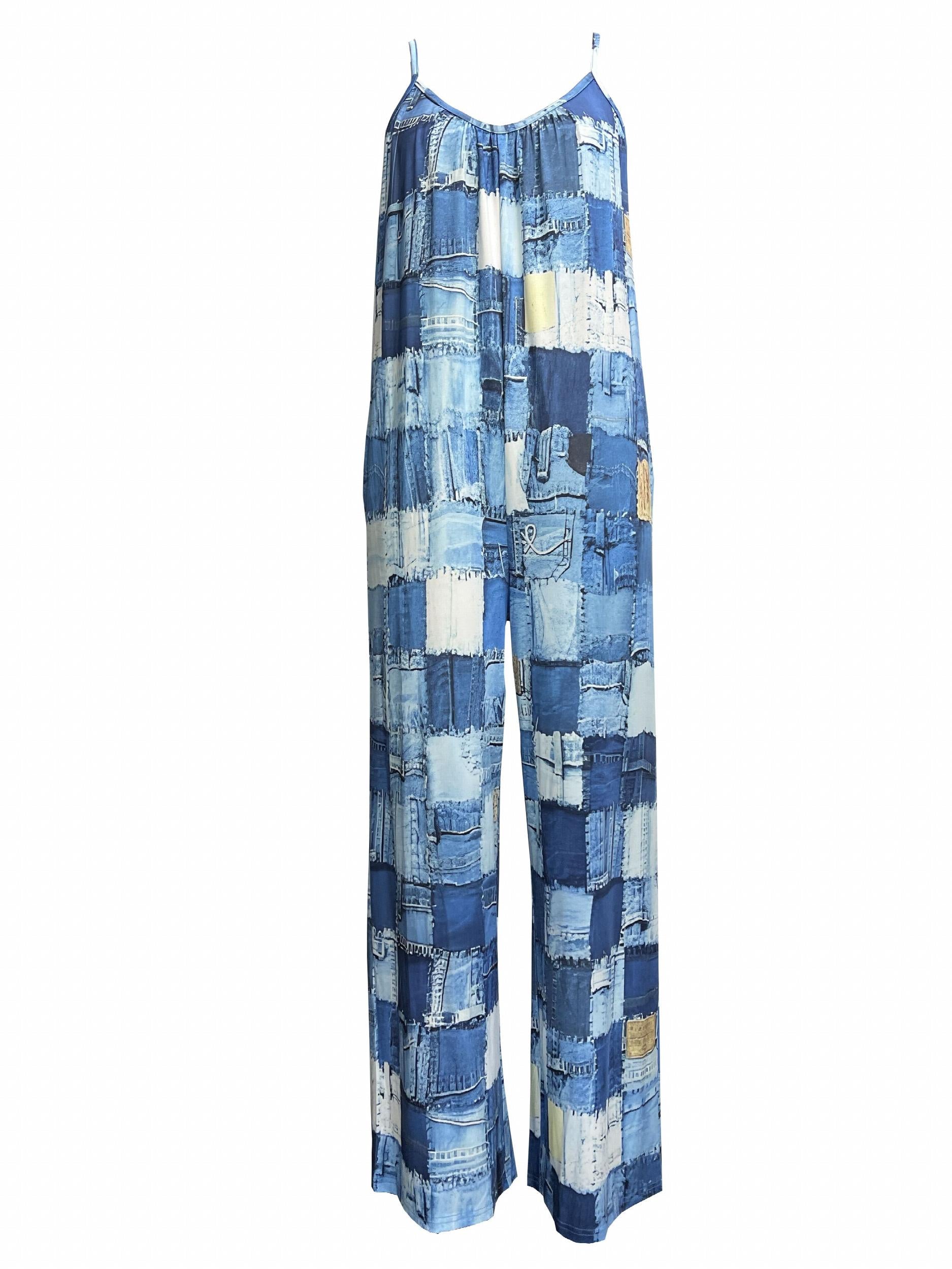  Denim Print Wide Leg Jumpsuit With Pockets