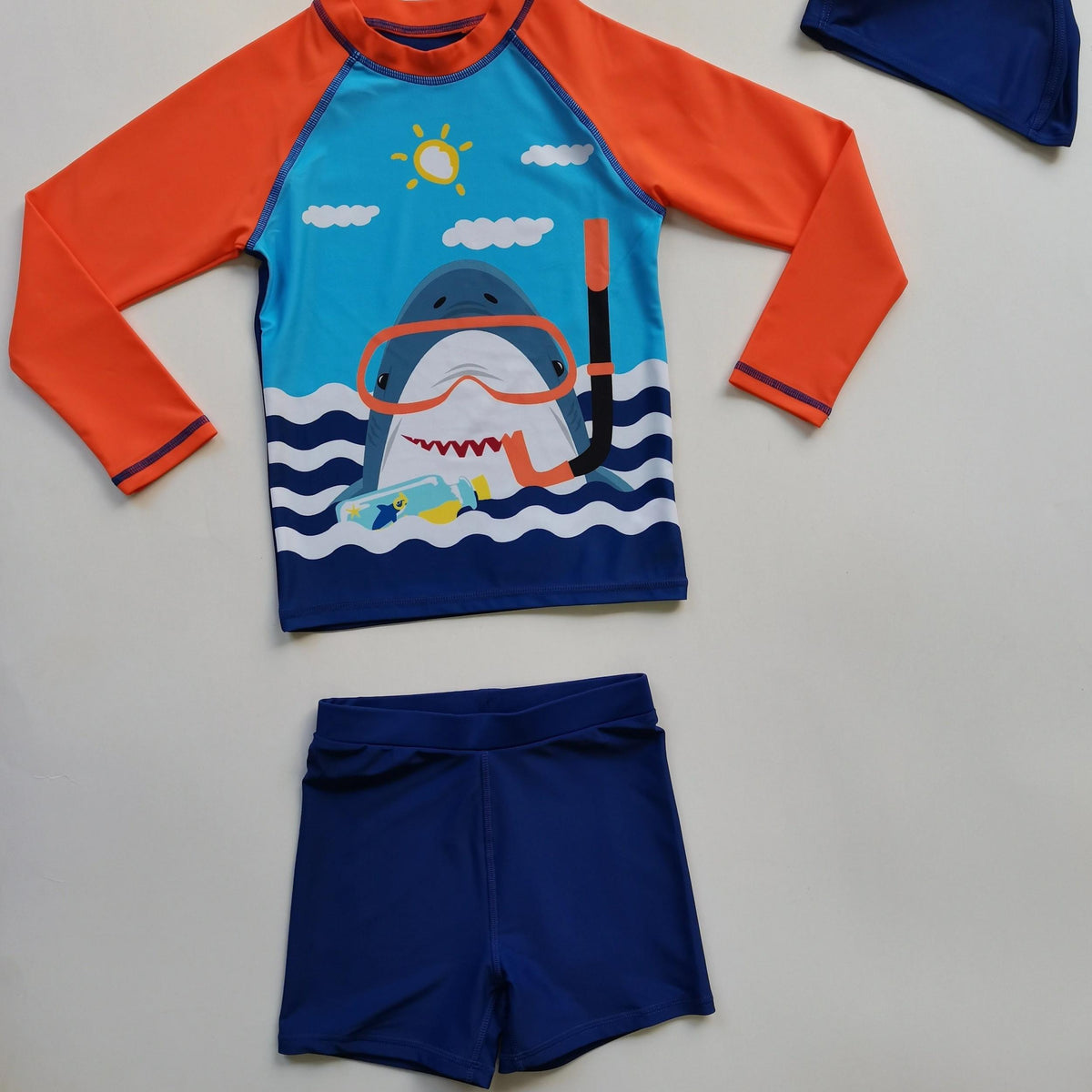 Boys Shark Print Swimming Suit Trunks & Tops & Cap Short Sleeves