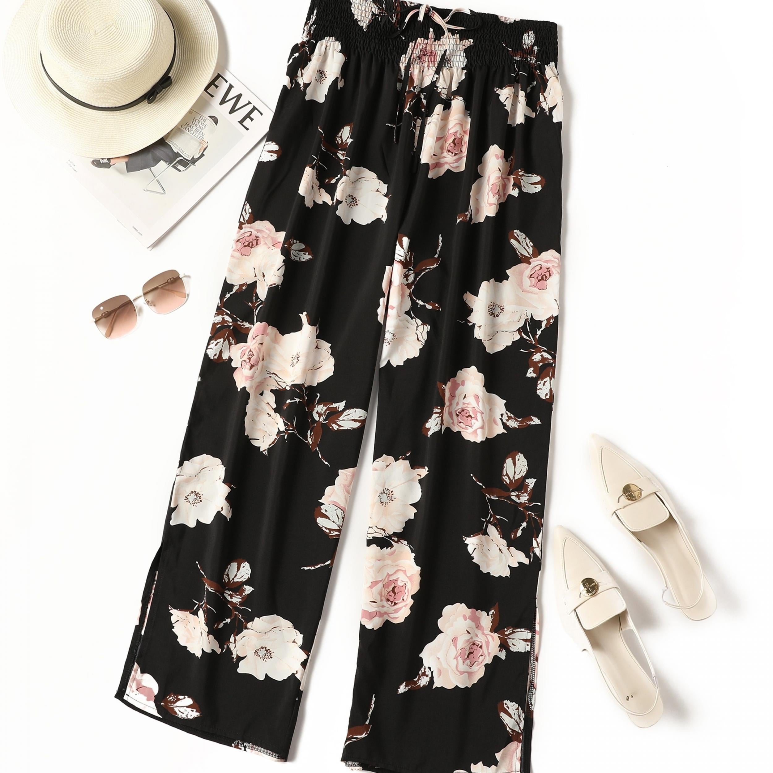 Women's Plus Floral Print Drawstring Wide Leg Pants