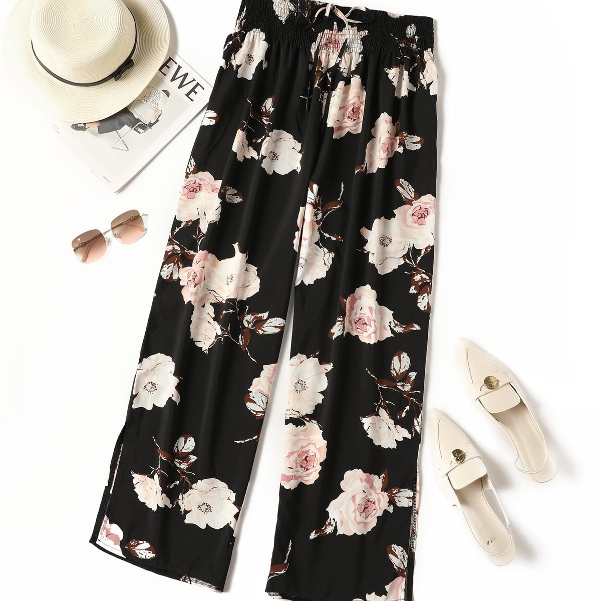 Women's Plus Floral Print Drawstring Wide Leg Pants