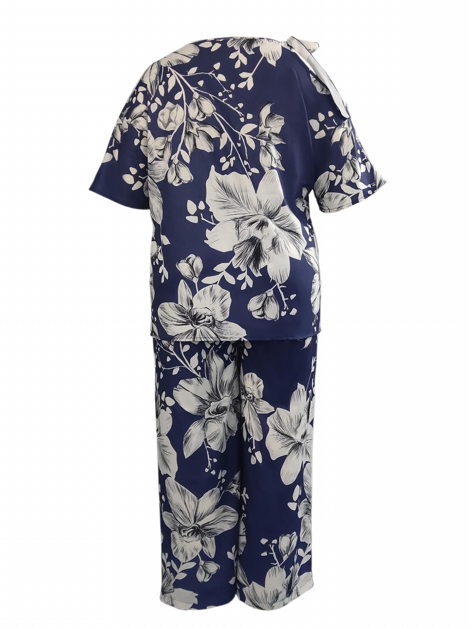  Floral Print Short Sleeve Tee & Wide Leg Pants Set