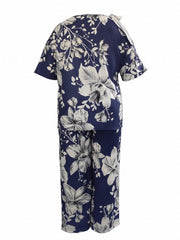  Floral Print Short Sleeve Tee & Wide Leg Pants Set