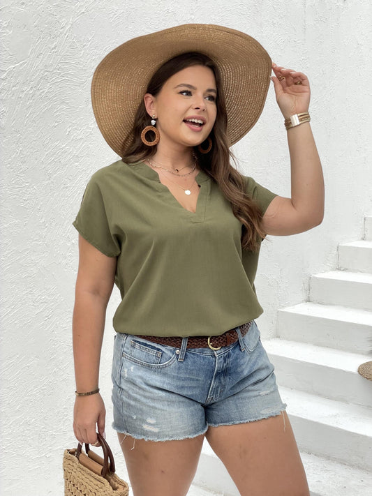  Casual Blouse Women's Plus Solid Bat Sleeve Notched Neck Loose Blouse