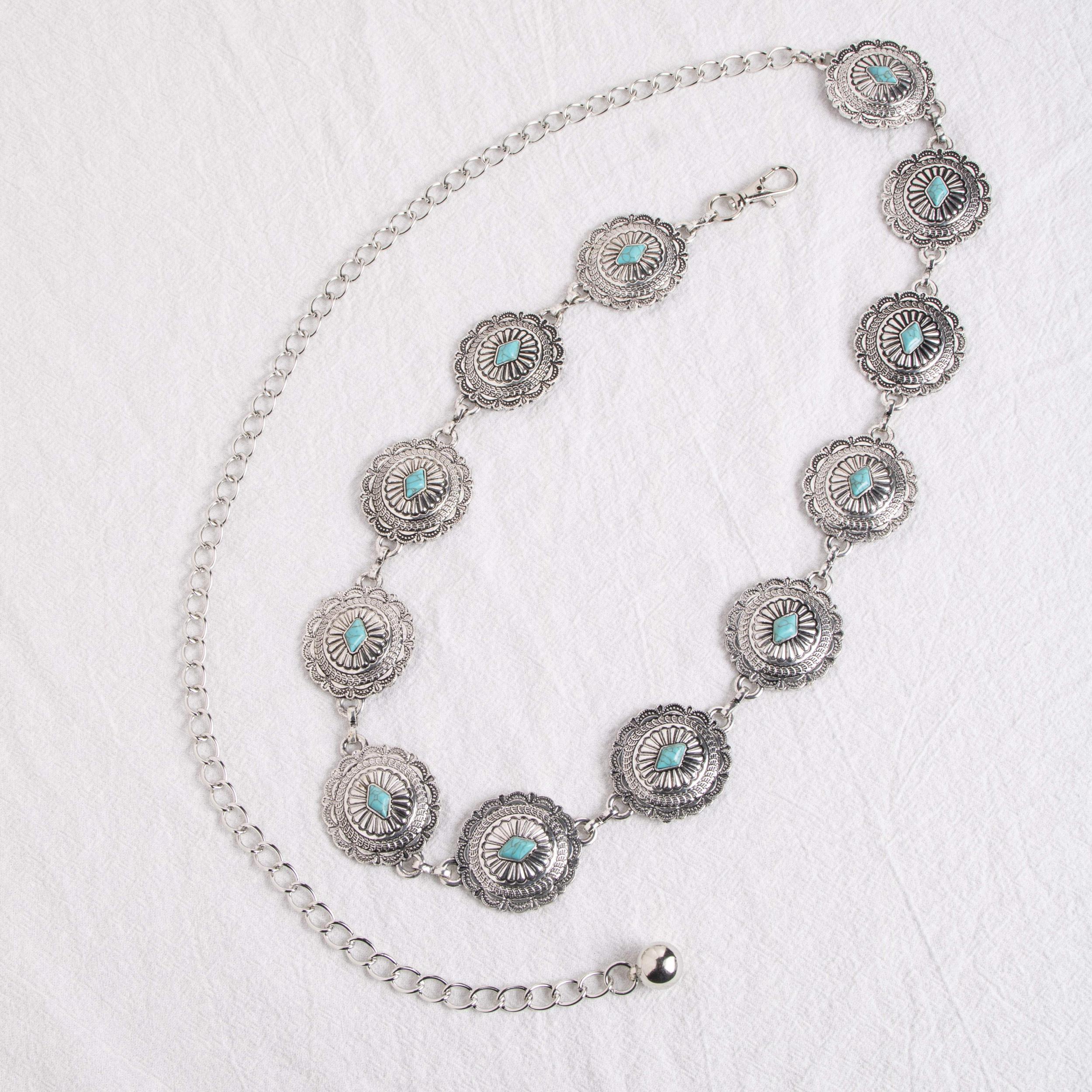 Turquoise Carved Silvery Waist Chain Geometric Flower Embossed Belly Chain 
