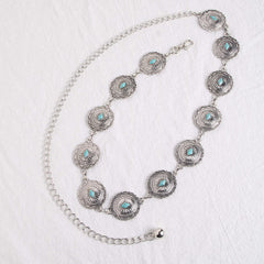 Turquoise Carved Silvery Waist Chain Geometric Flower Embossed Belly Chain 