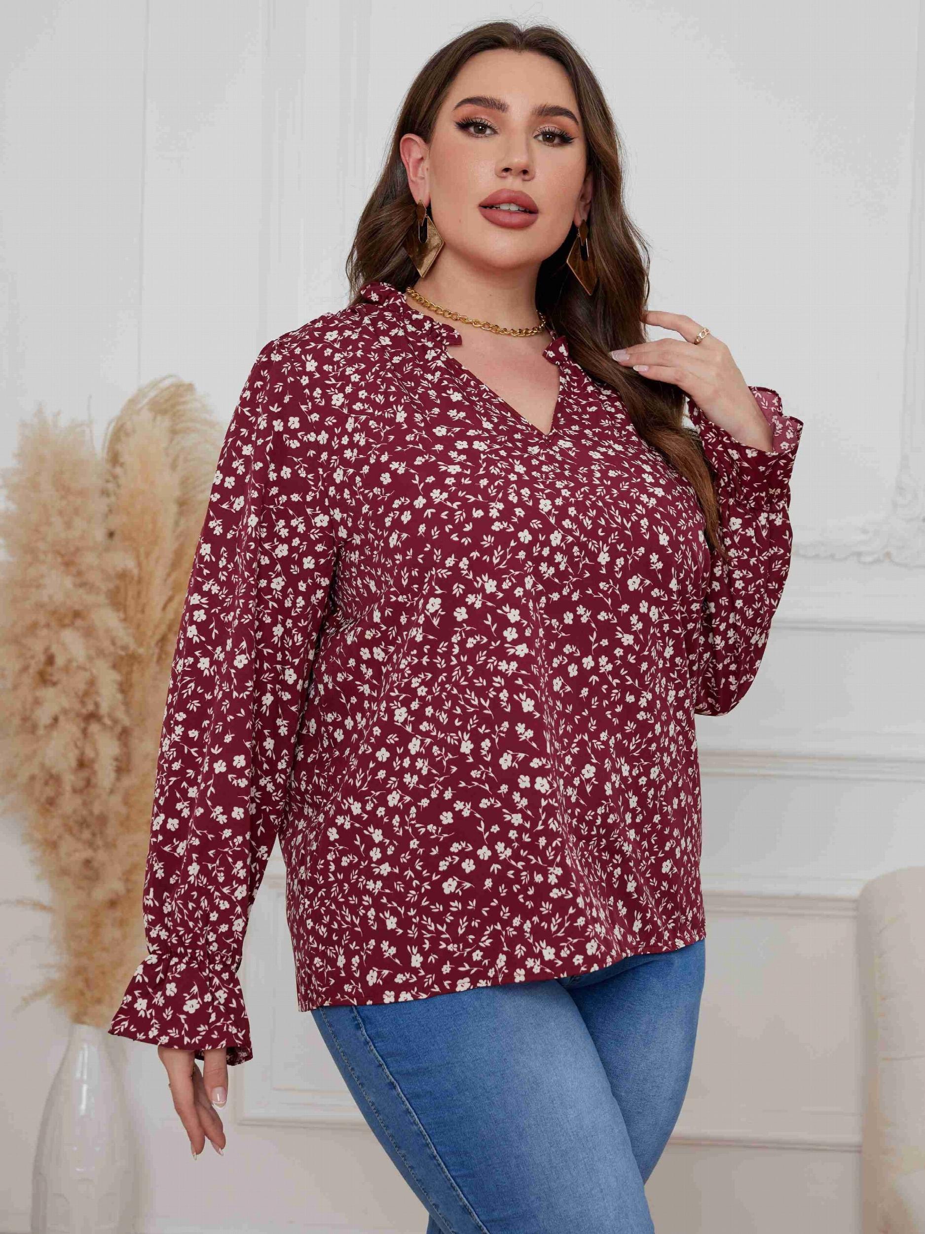  Casual Blouse Women's Plus Ditsy Print Lantern Sleeve V Neck Top