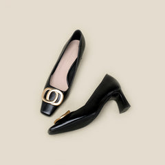 Women's Metal Buckle Chunky Heels Slip On Pumps
