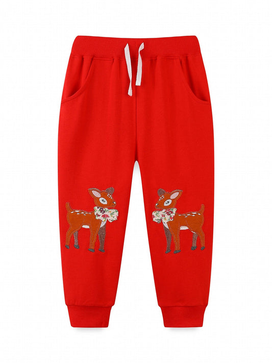Girls' Animal Embroidered Joggers Pants Drawstring Pockets