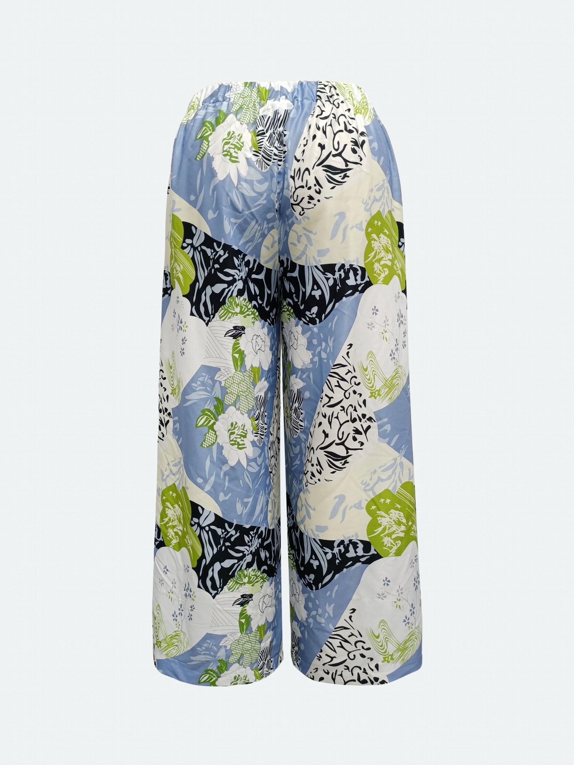  Colorblock Floral Print Wide Leg Trousers
