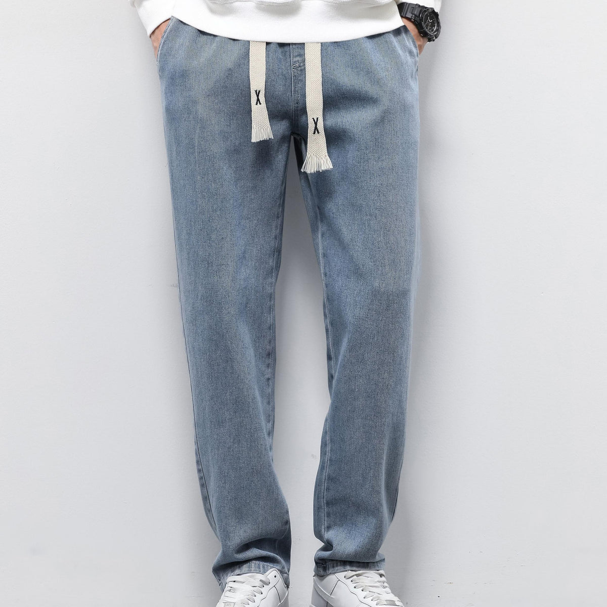 Men's Denim Cropped Pants Elastic Waist Straight Leg Harem