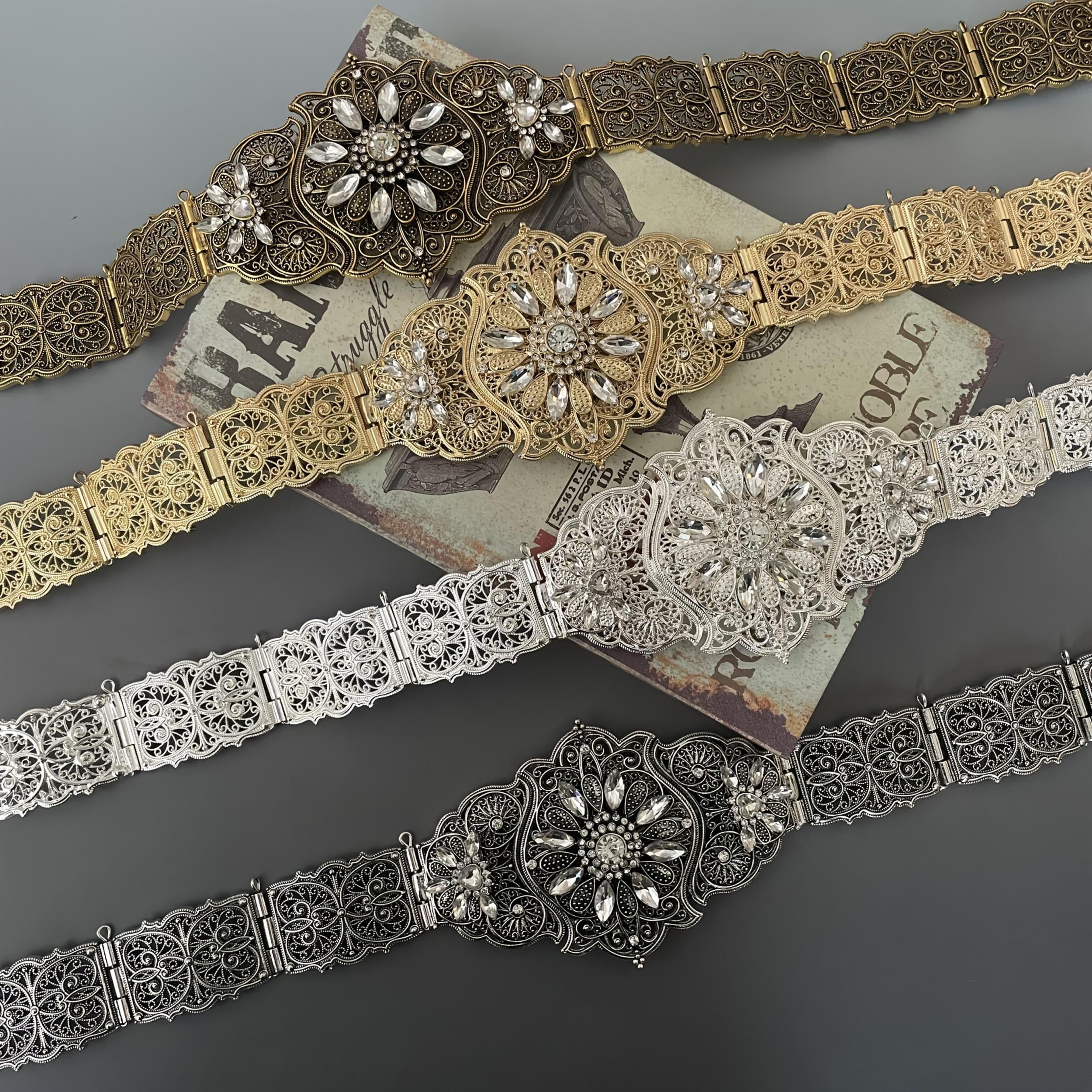 Slavic Women's Belt with Rhinestones and Metal Detail