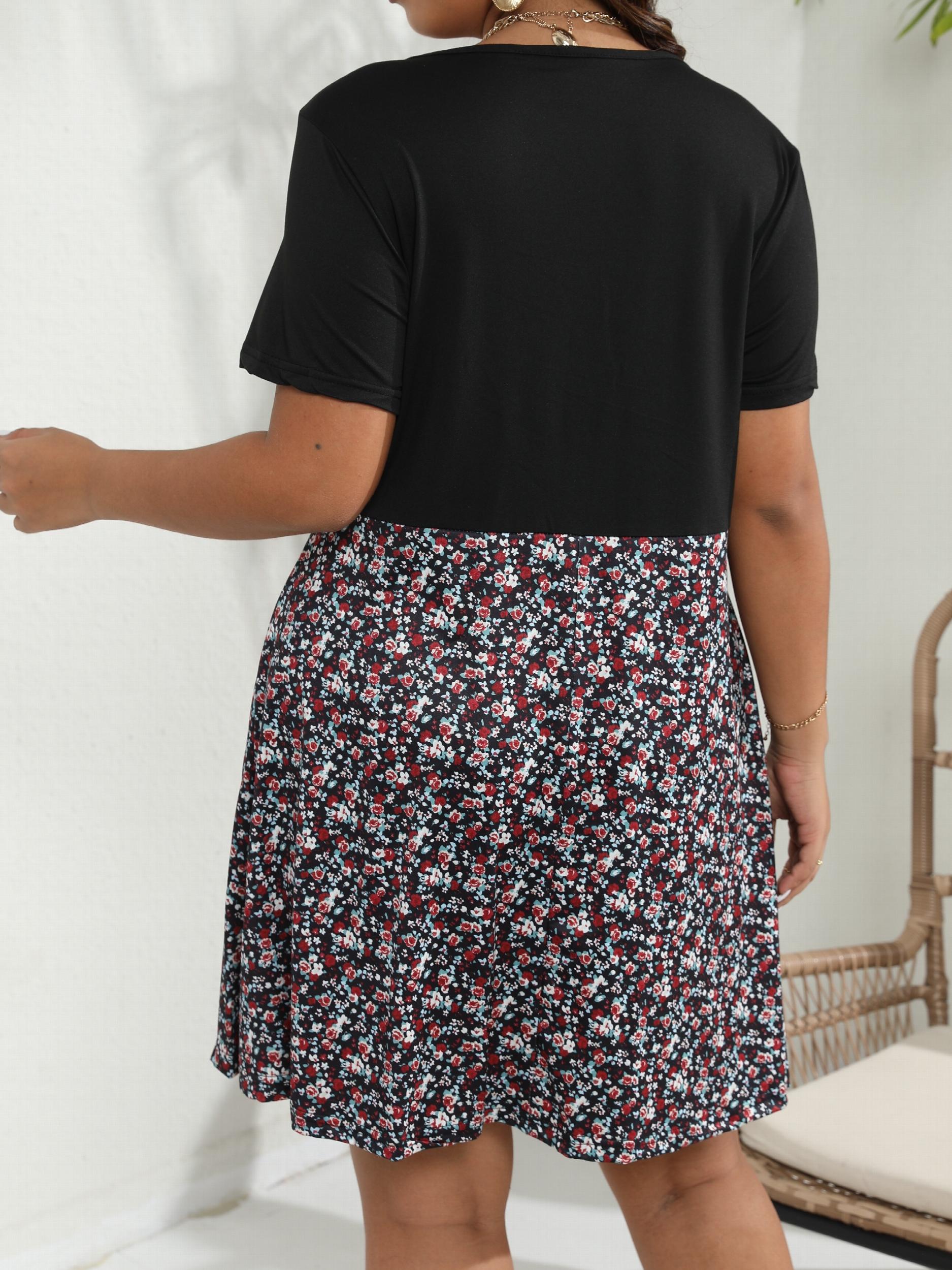 Colorblock Ditsy Print Short Sleeve Mini Dress