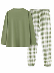  Casual Pajamas Set Long Sleeve Tee & Plaid Pants Loungewear 2pcs