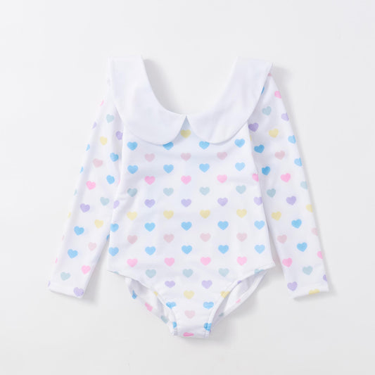 Girl's Heart Print Swimsuit Doll Collar Long Sleeve Bathing Suit