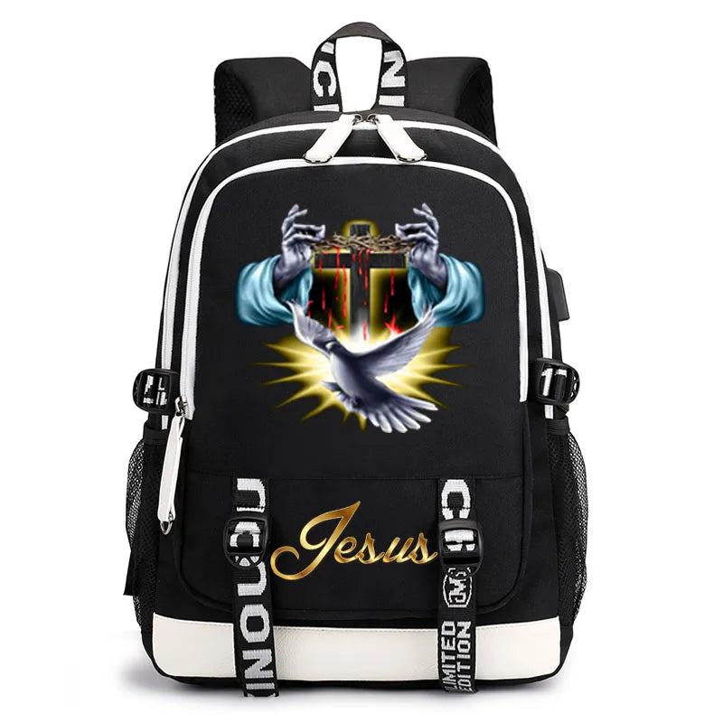 Jesus Cartoon USB Backpack Boy Girl School Bag
