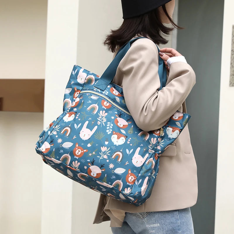 Floral Pattern Tote Bag Lightweight Nylon Beach Handbag Women's Shoulder Bag