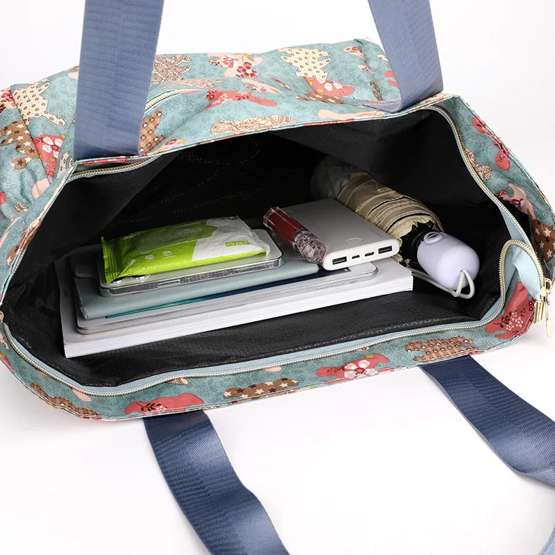 Floral Pattern Tote Bag Lightweight Nylon Beach Handbag Women's Shoulder Bag