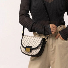 Geometric Print Leather Saddle Bag for Women