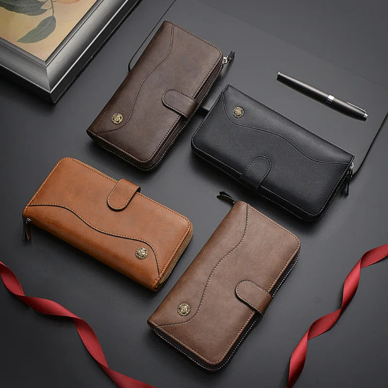 Men's PU Leather Clutch Wallet Zipper Large Capacity Hand Strap