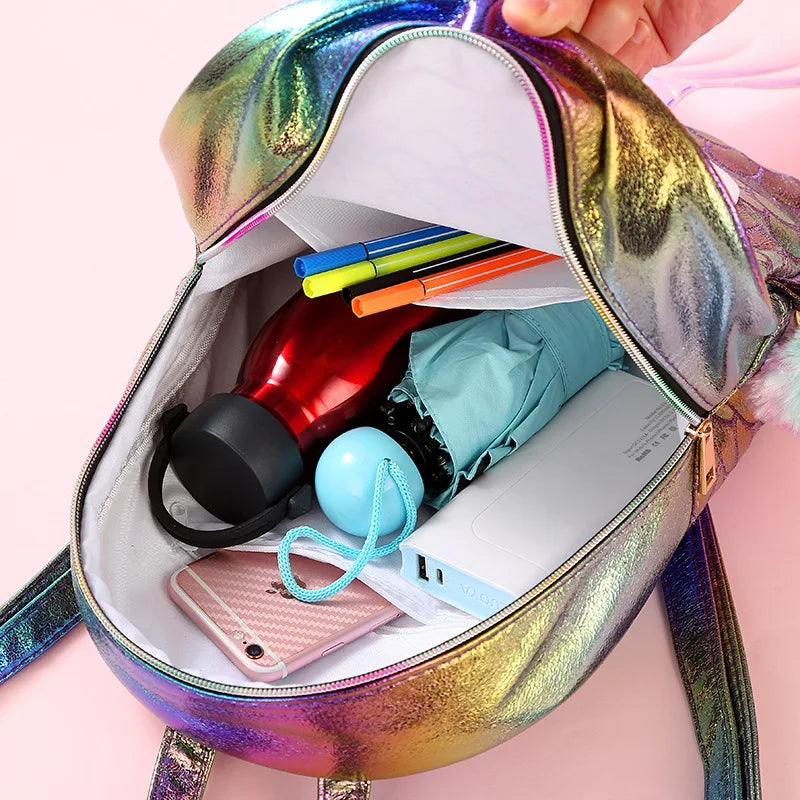 Mermaid Fish Backpack for Teens Holographic Laser Pattern Bookbag with Pom Pom