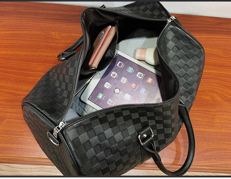 High-Capacity PU Travel Duffle Bag Plaid Checkerboard