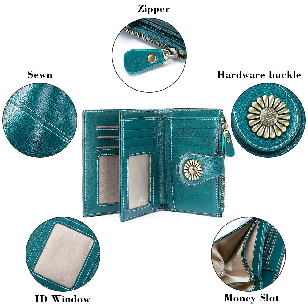 Women's Short Oil Wax Skin Wallet with Zipper and Card Holder