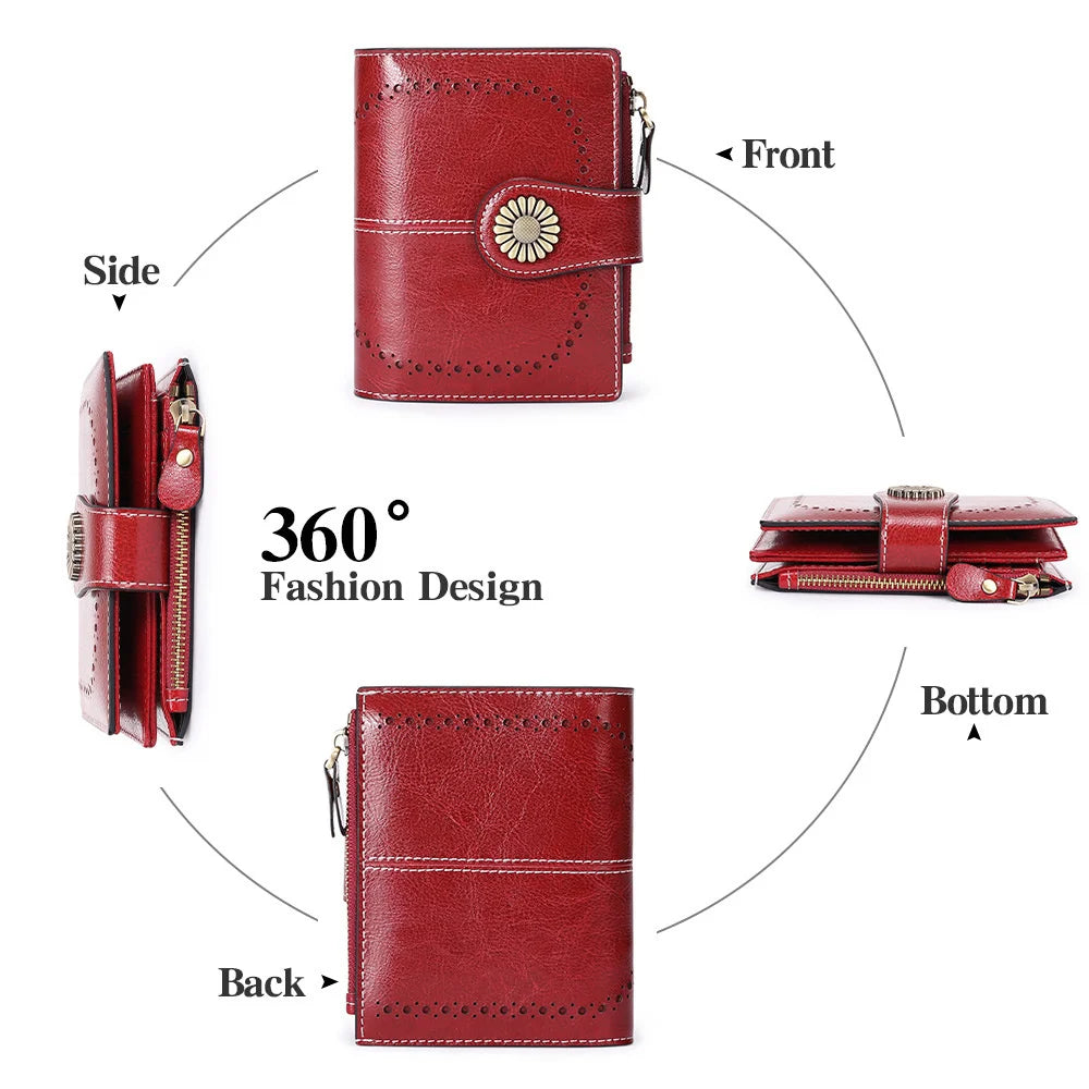 Women's Short Oil Wax Skin Wallet Zip Card Bag Wallet