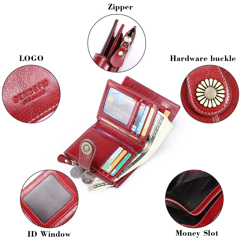 Women's Short Oil Wax Skin Wallet Zip Card Bag Wallet