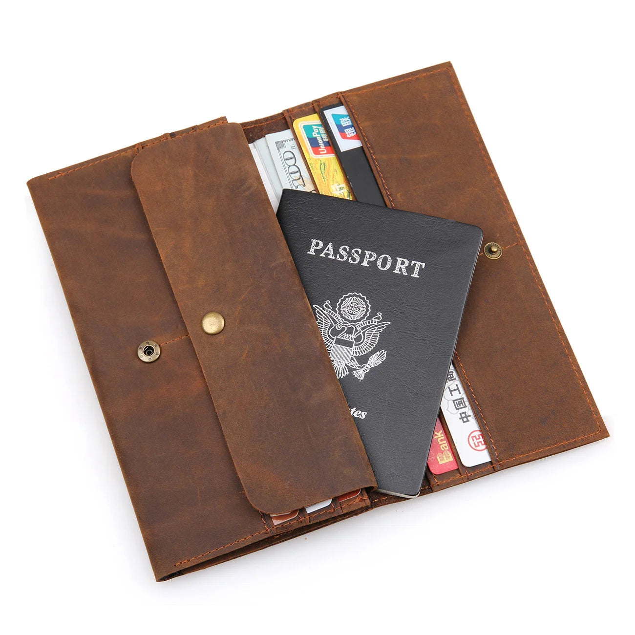Men's Leather Long Wallet Crazy Horse Passport Wallet