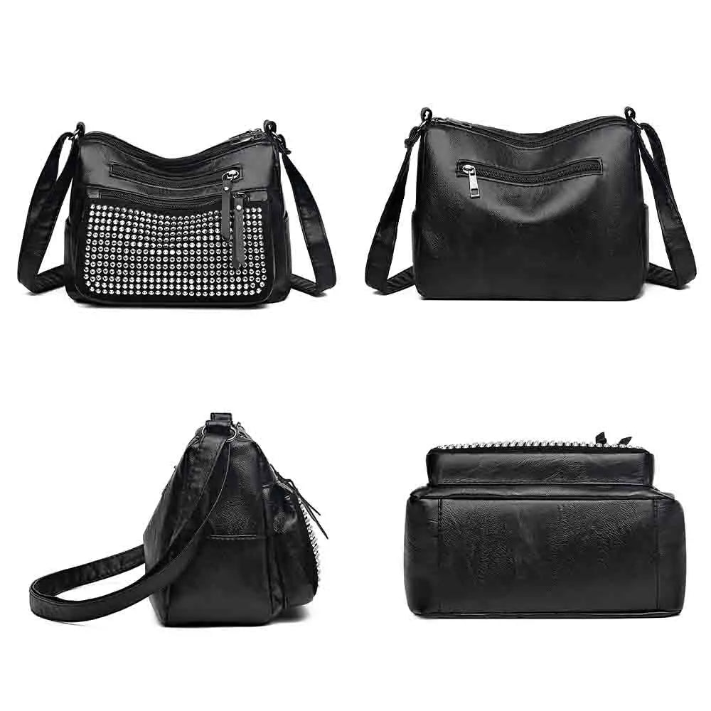Women's Multi-Pocket Shoulder Bag with Bright Diamonds