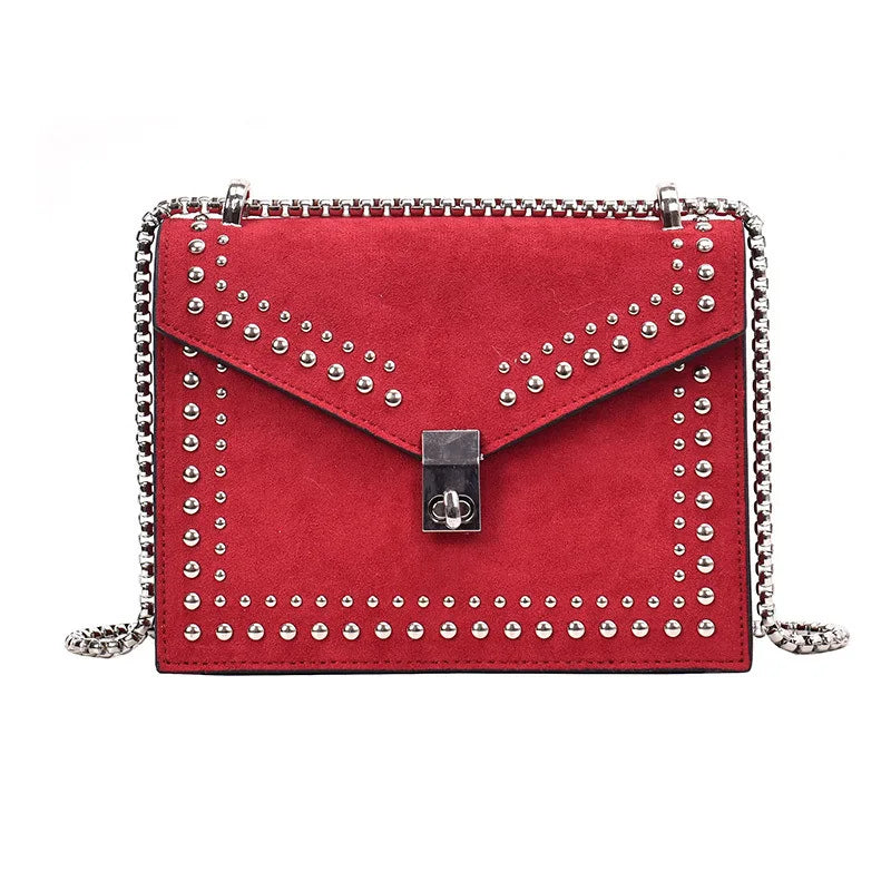 Women Bag PU Leather Rivet Chain Shoulder Square Bag