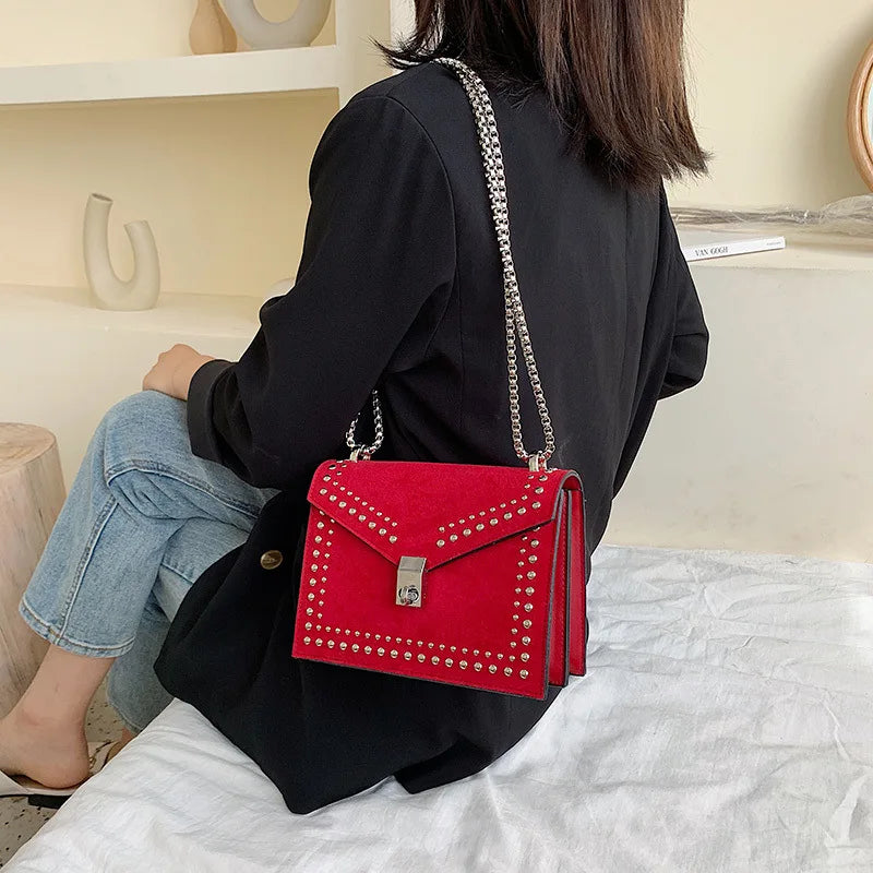 Women Bag PU Leather Rivet Chain Shoulder Square Bag