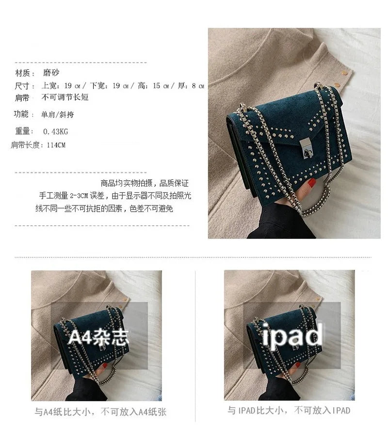 Women Bag PU Leather Rivet Chain Shoulder Square Bag