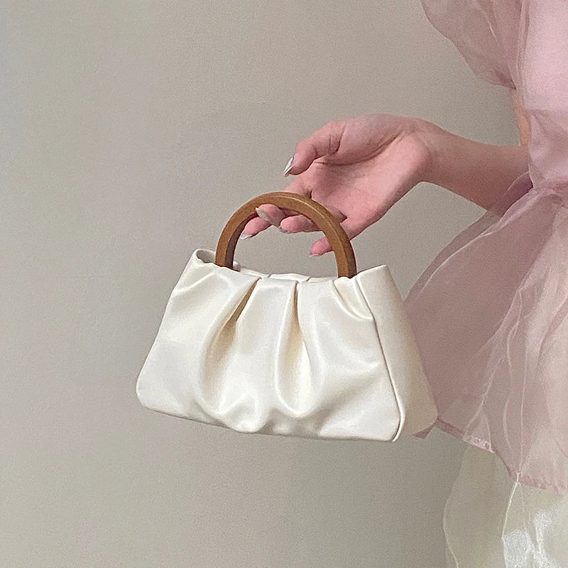 Women's Bag Wooden Handle Crinkled Cloud Small Tote