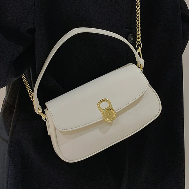 Brown Leather Crossbody Bag with Metal Chain - Casual Flap Handbag