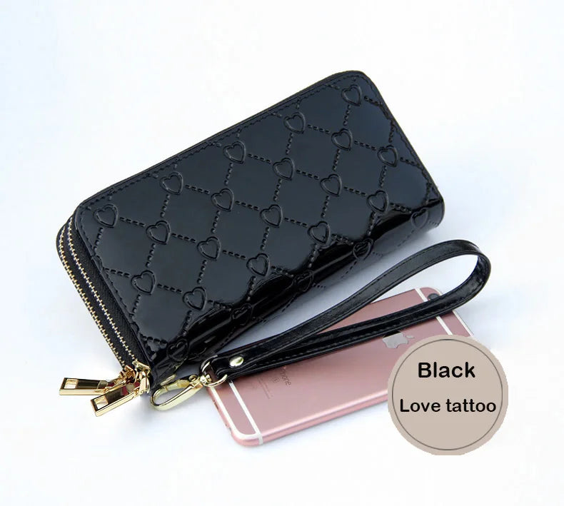 Women's Leather Double Zipper Wallet Varnished Key Case