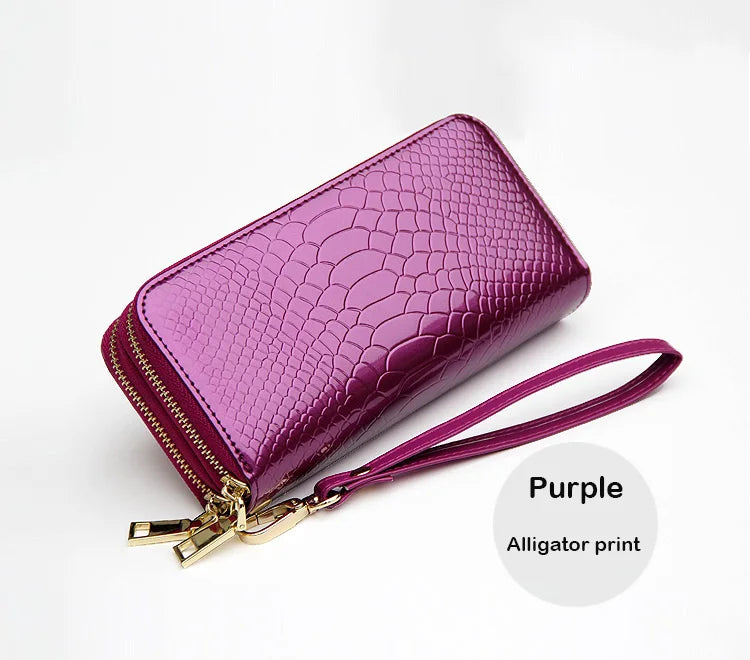Women's Leather Double Zipper Wallet Varnished Key Case