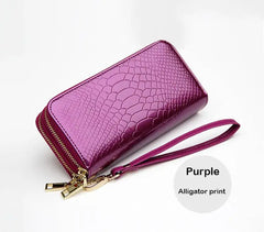 Women's Leather Double Zipper Wallet Varnished Key Case