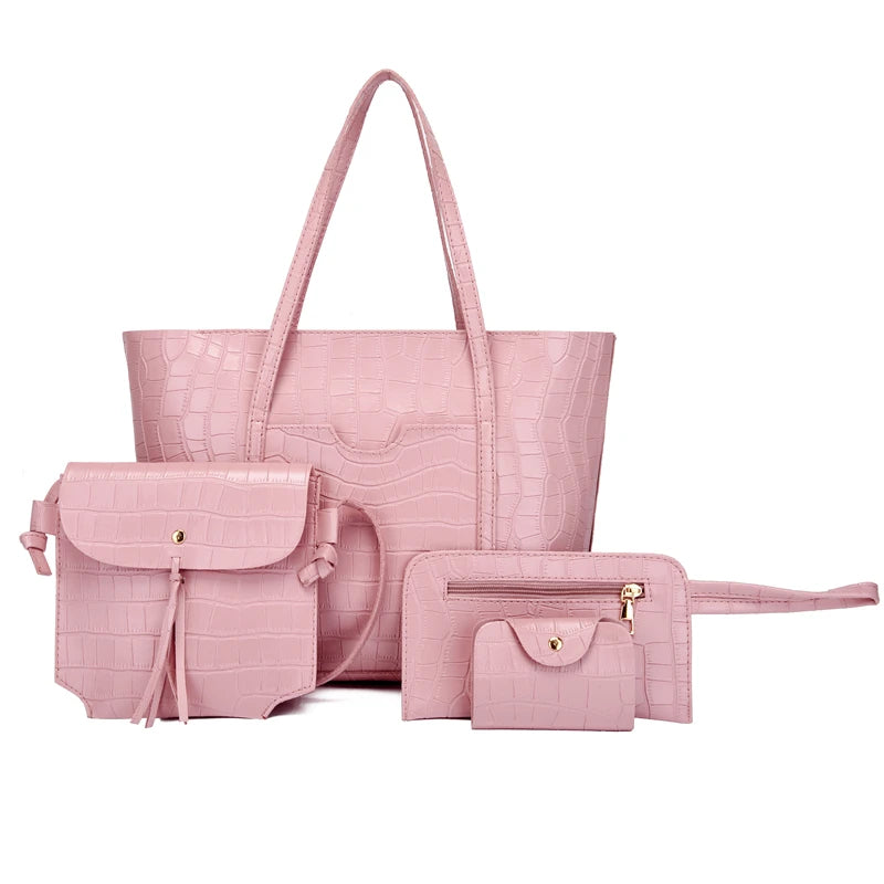 Women's 4pcs Set PU Leather Handbags Shoulder Crossbody Tote Clutch Bags